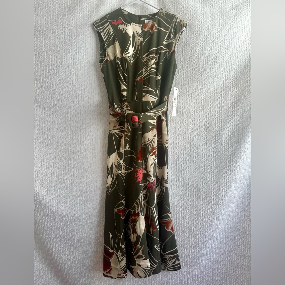 Calvin Klein Women’s Floral Green Cream Sleeveless Midi Dress Size: 2 NWT
